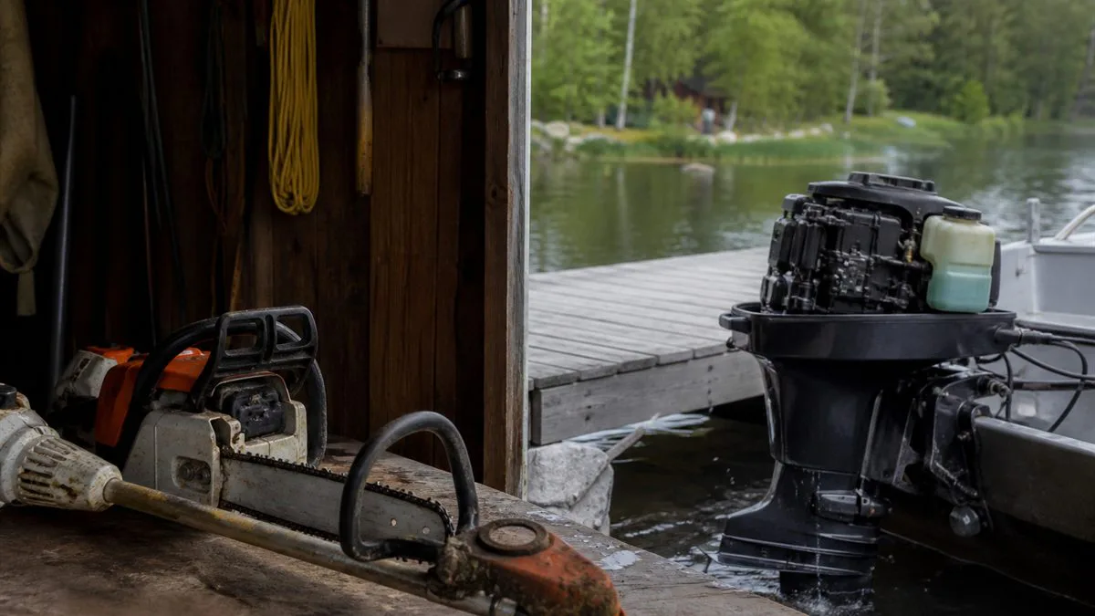 Air-cooled chainsaw equipment and a water-cooled outboard motor in a working equipment shed