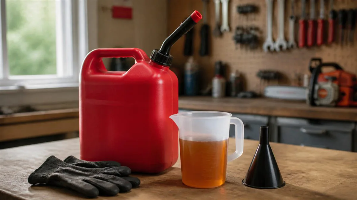Graduated measuring cup of two-cycle oil beside a one-gallon gasoline can