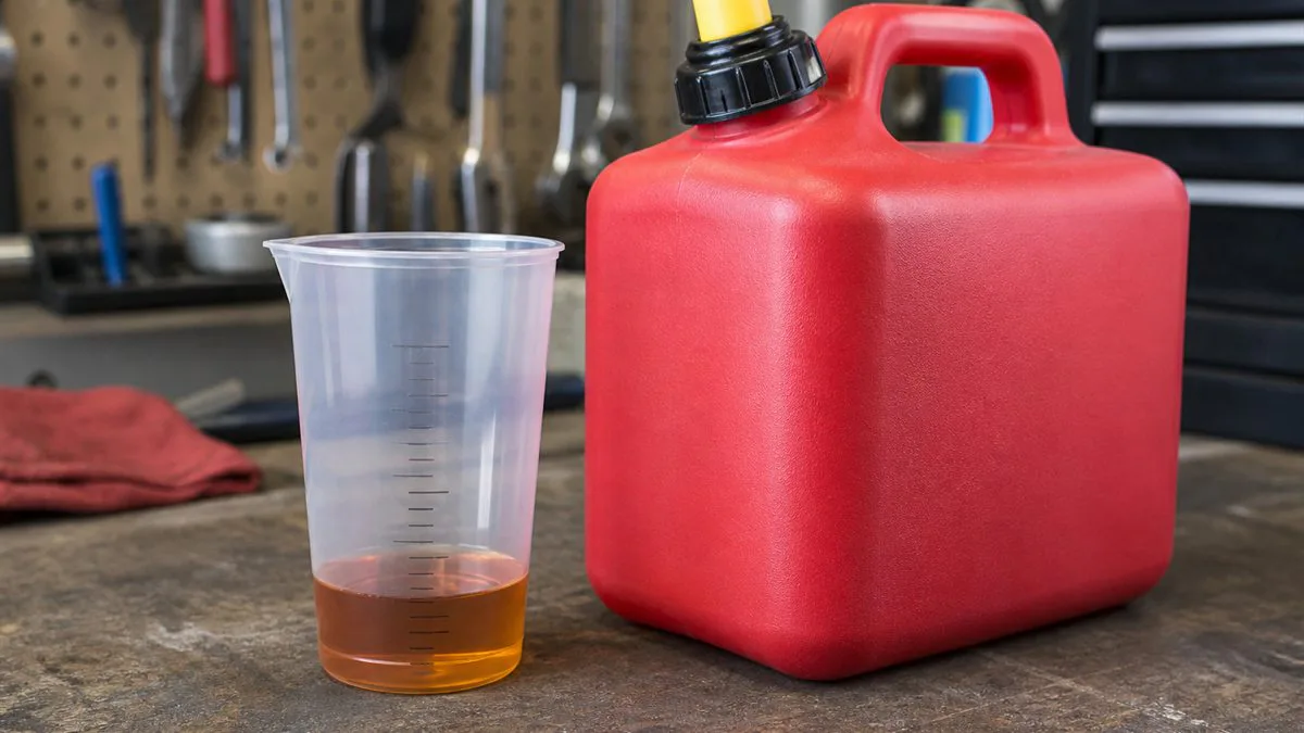Graduated cup holding a measured amount of two-cycle oil beside a one-gallon fuel can