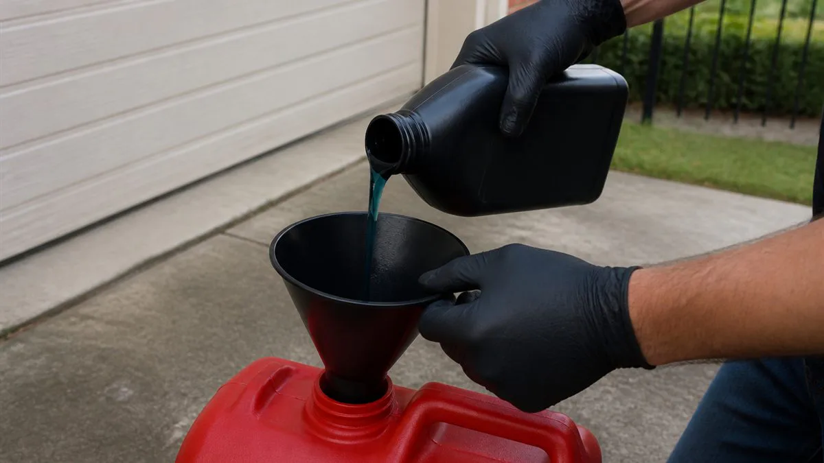 Gloved hands pouring two-cycle oil through a funnel into an approved gasoline container