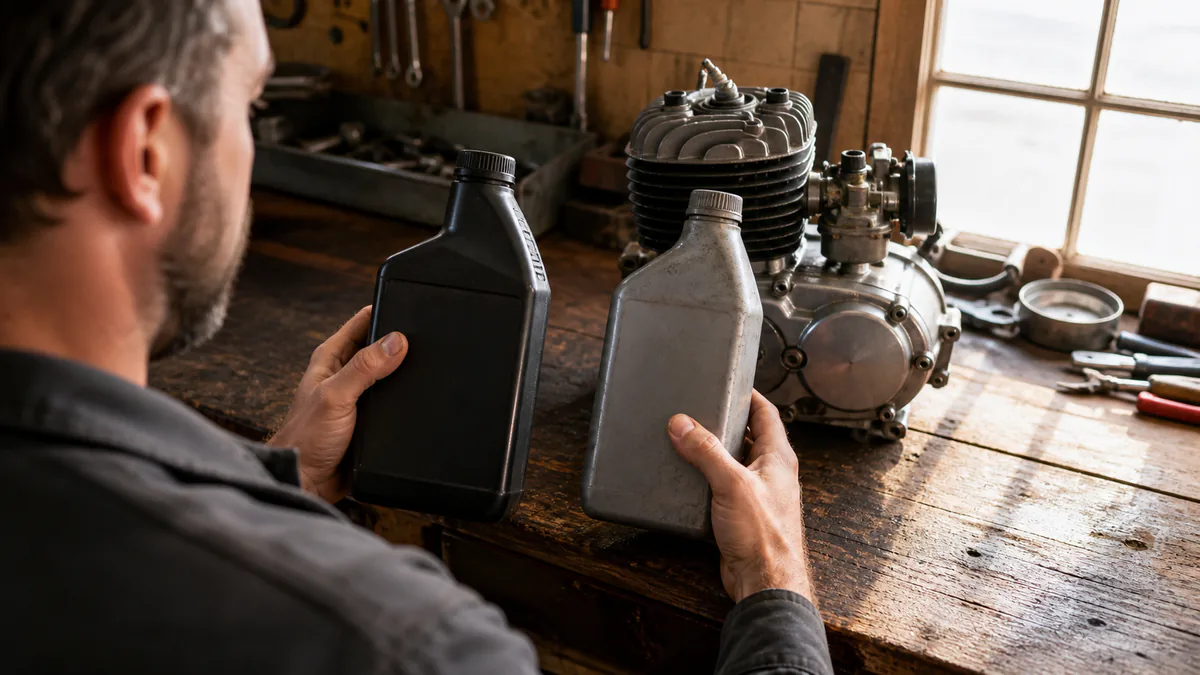 Mechanic comparing two differently shaped plain two-stroke oil bottles beside the same compact engine