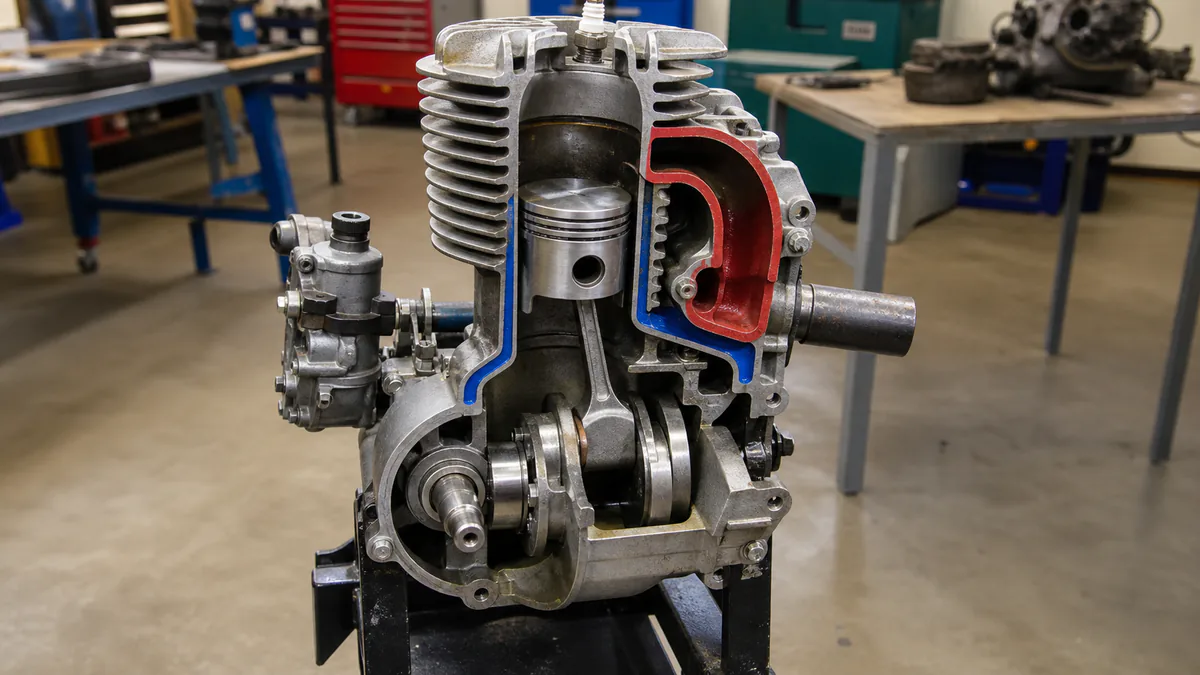 Two-stroke training engine cutaway showing the piston, cylinder, crankshaft, and transfer passage