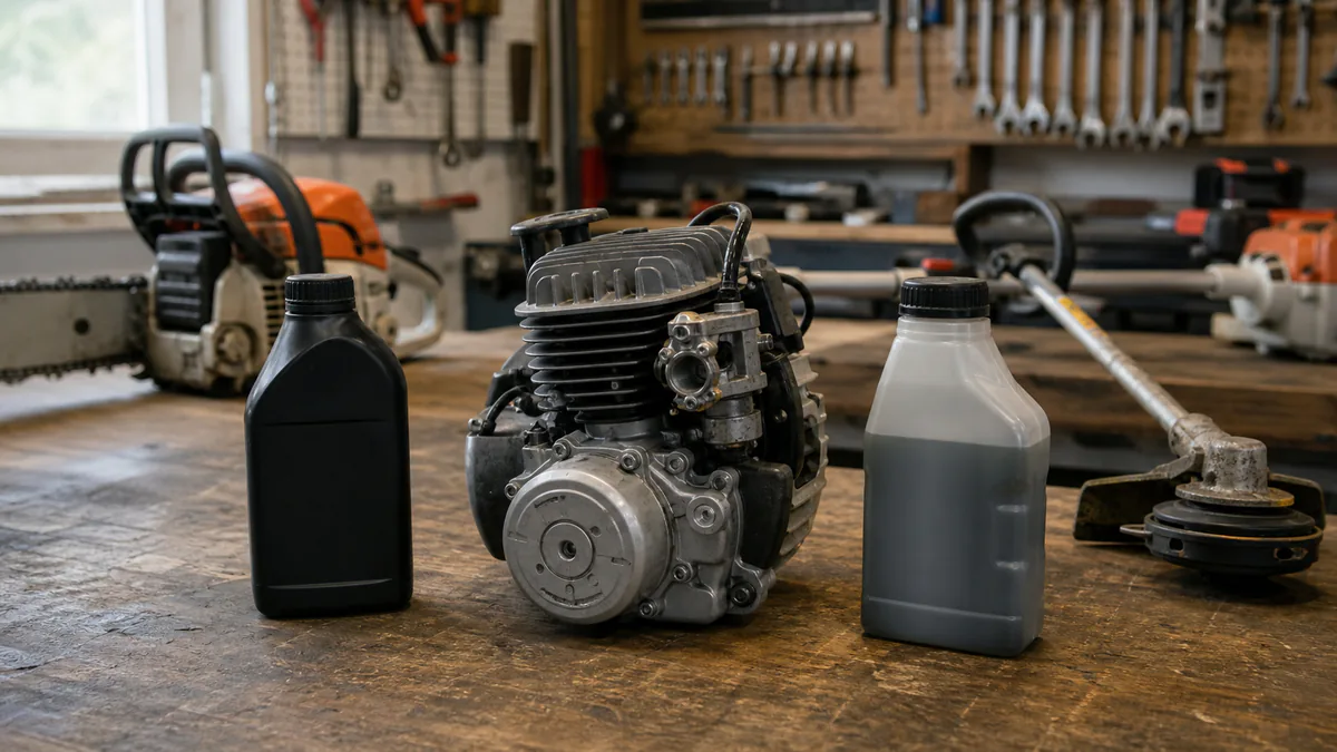 Compact two-stroke engine between plain oil bottles in a small-engine repair workshop