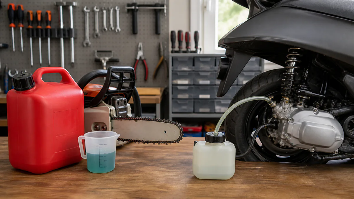 Premix fuel can and measuring cup beside a chainsaw, next to a separate automatic oil reservoir and scooter engine