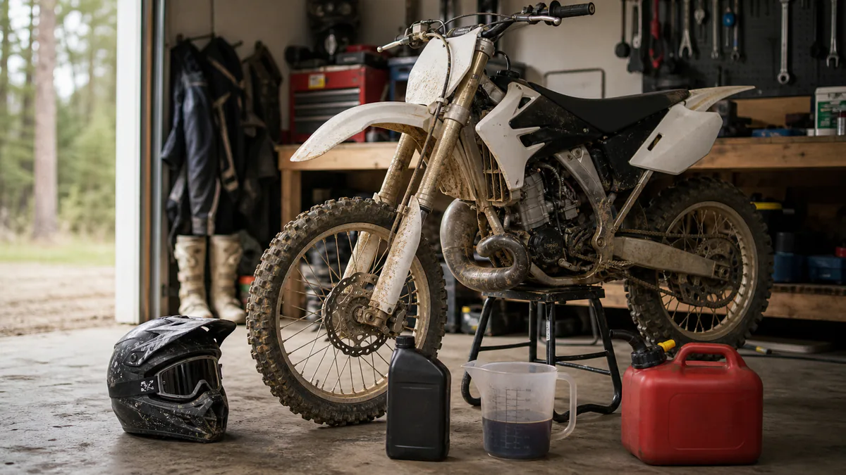 Mud-speckled two-stroke dirt bike with unbranded premix supplies in a home workshop