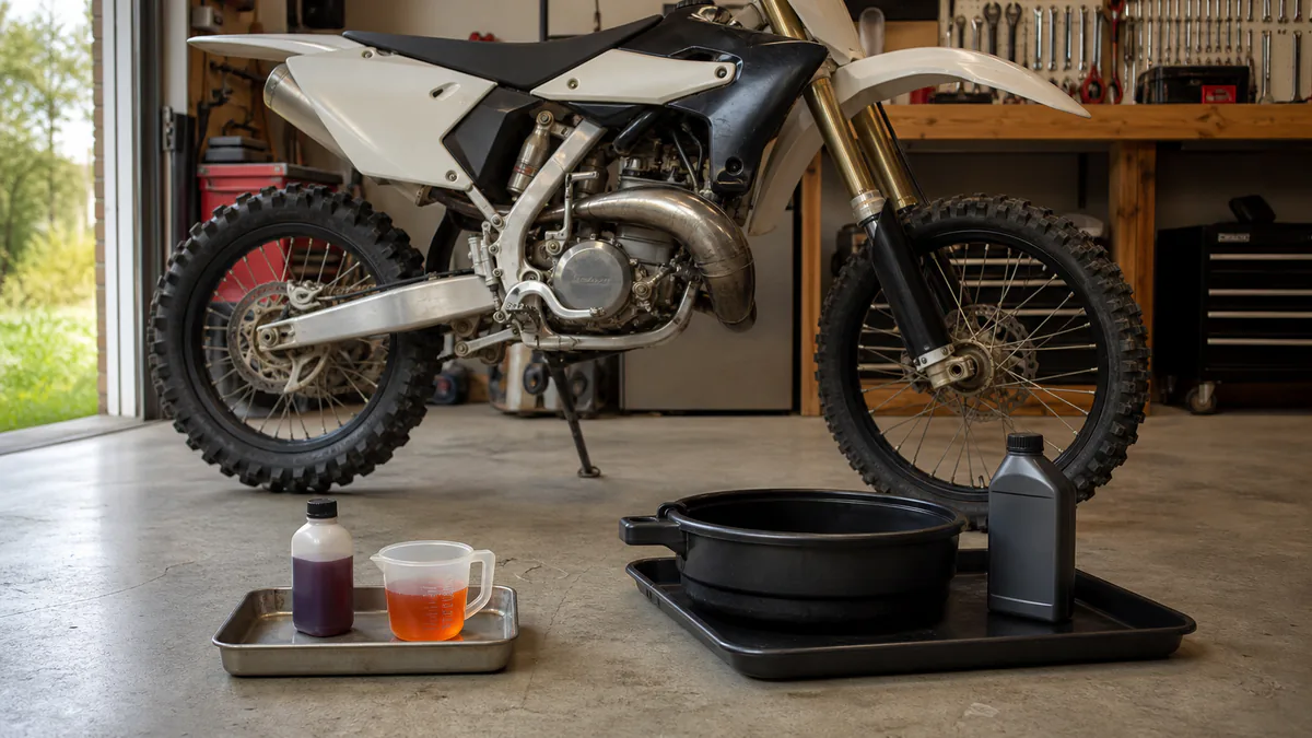 Separate trays for motorcycle two-stroke premix oil and gearbox service lubricant beside a dirt bike