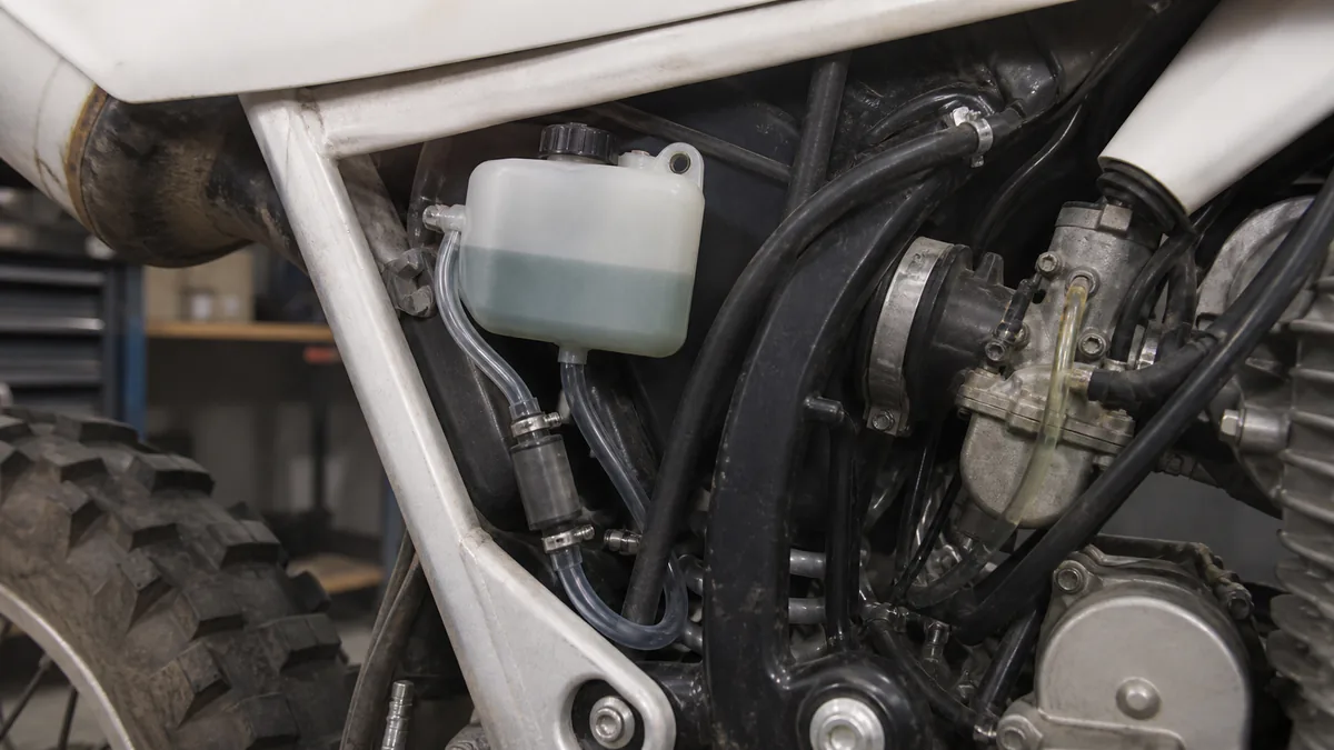 Close view of a two-stroke enduro bike oil-injection reservoir, supply hose, and metering components