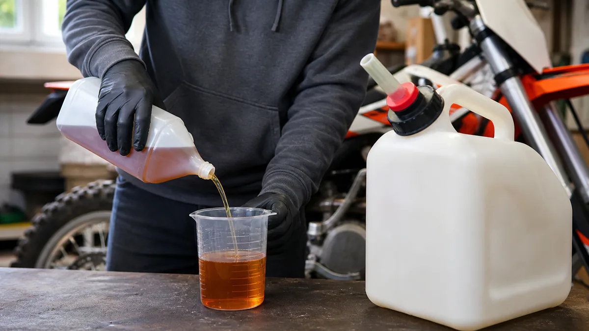 Gloved rider measuring amber two-stroke motorcycle oil beside an approved fuel can