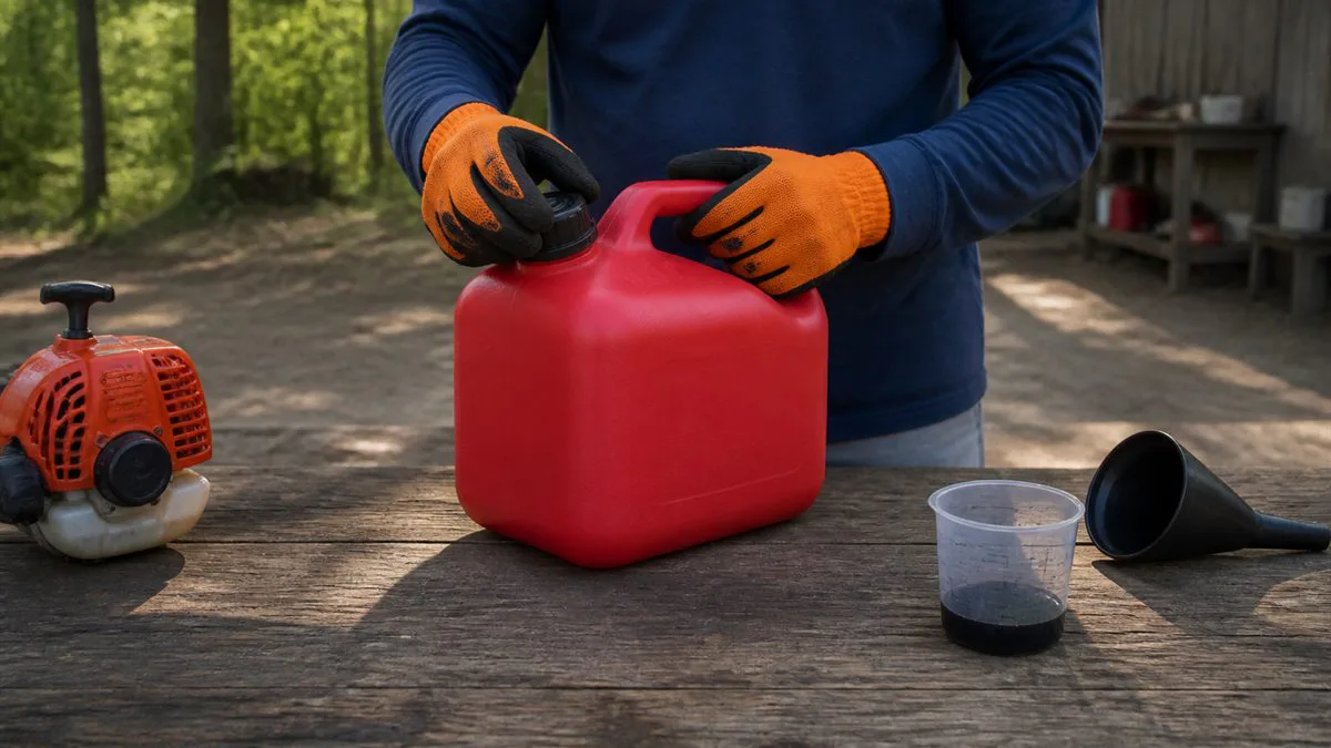 Gloved person closing a gasoline container after adding measured two-stroke oil