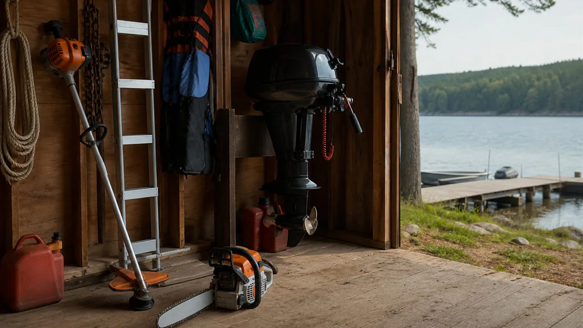 Chainsaw, string trimmer, and compact outboard motor stored in a lakeside equipment shed
