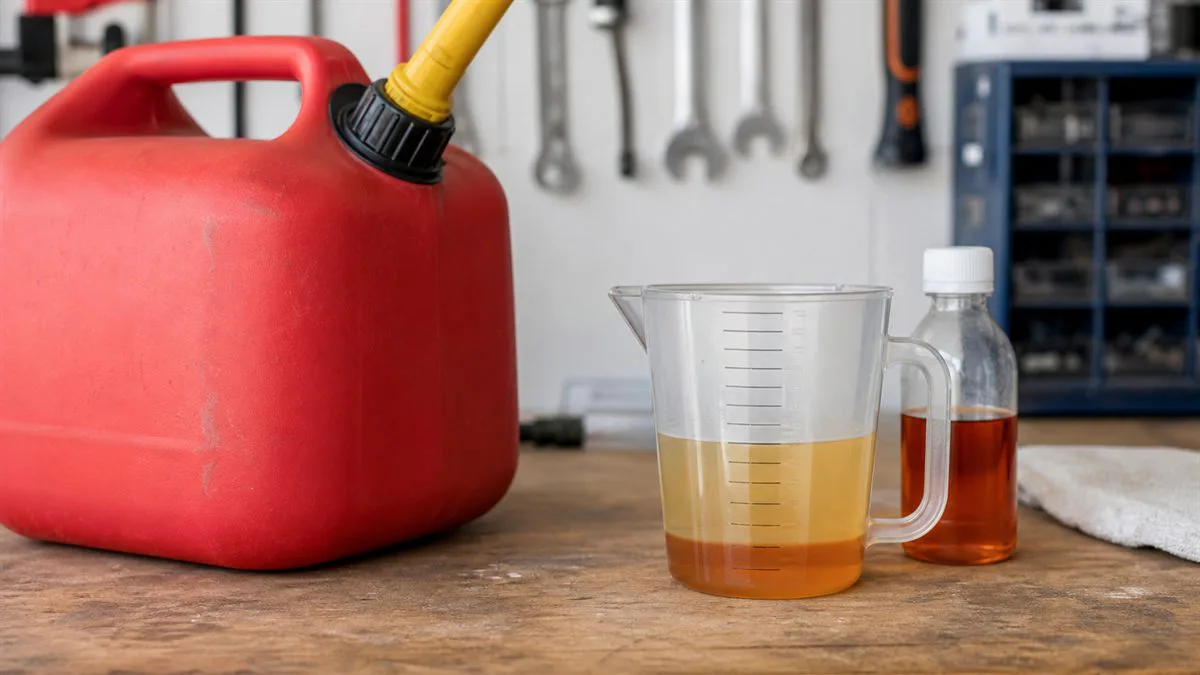 Two-stroke oil being measured for a 50-to-1 gasoline mixture