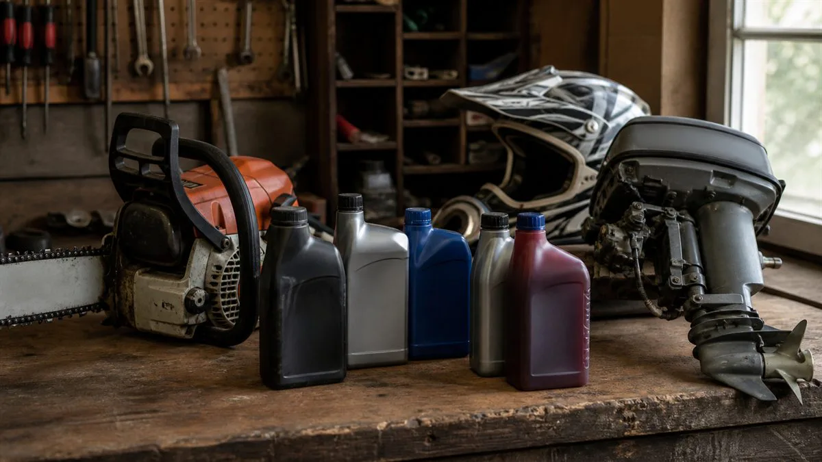 Selection of unlabeled two-stroke oil bottles beside outdoor power and marine equipment
