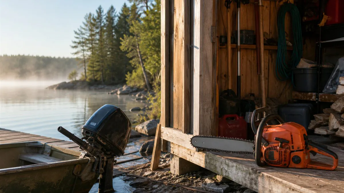 Outboard motor and chainsaw shown together beside a lakeside equipment shed