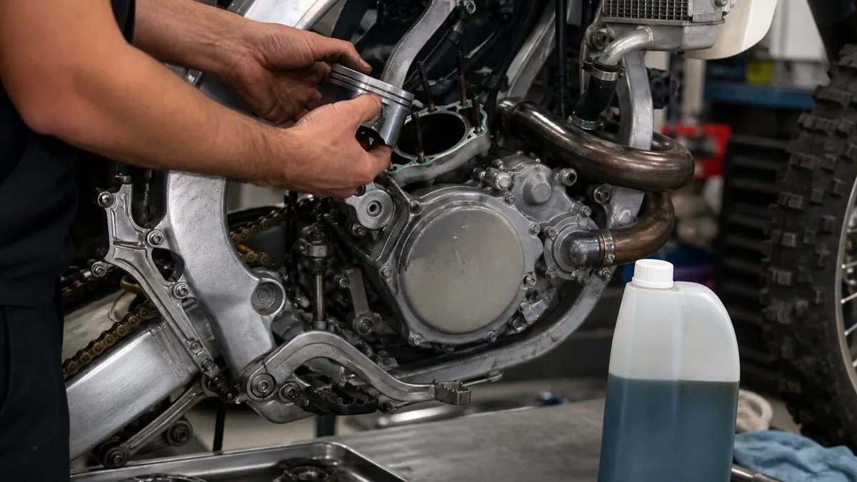 Mechanic inspecting the piston of a two-stroke off-road motorcycle engine