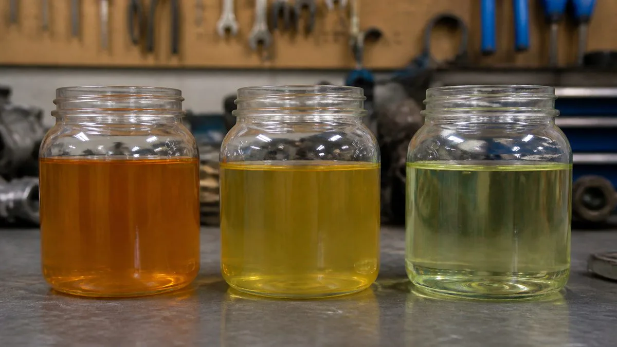 Three clear jars showing different colors of two-stroke oil on a mechanic's workbench
