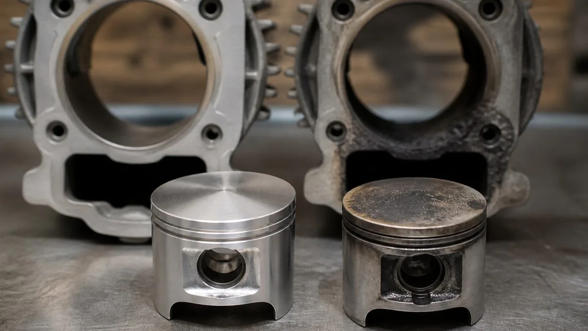 Clean and carbon-coated two-stroke pistons and cylinders shown side by side