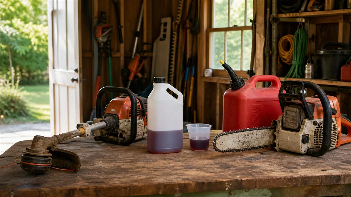 Professional string trimmer and chainsaw with two-stroke premix supplies on a workbench