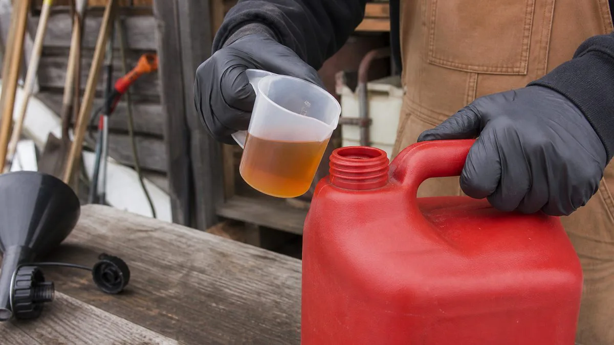Gloved landscaper measuring amber two-stroke oil beside an approved fuel can