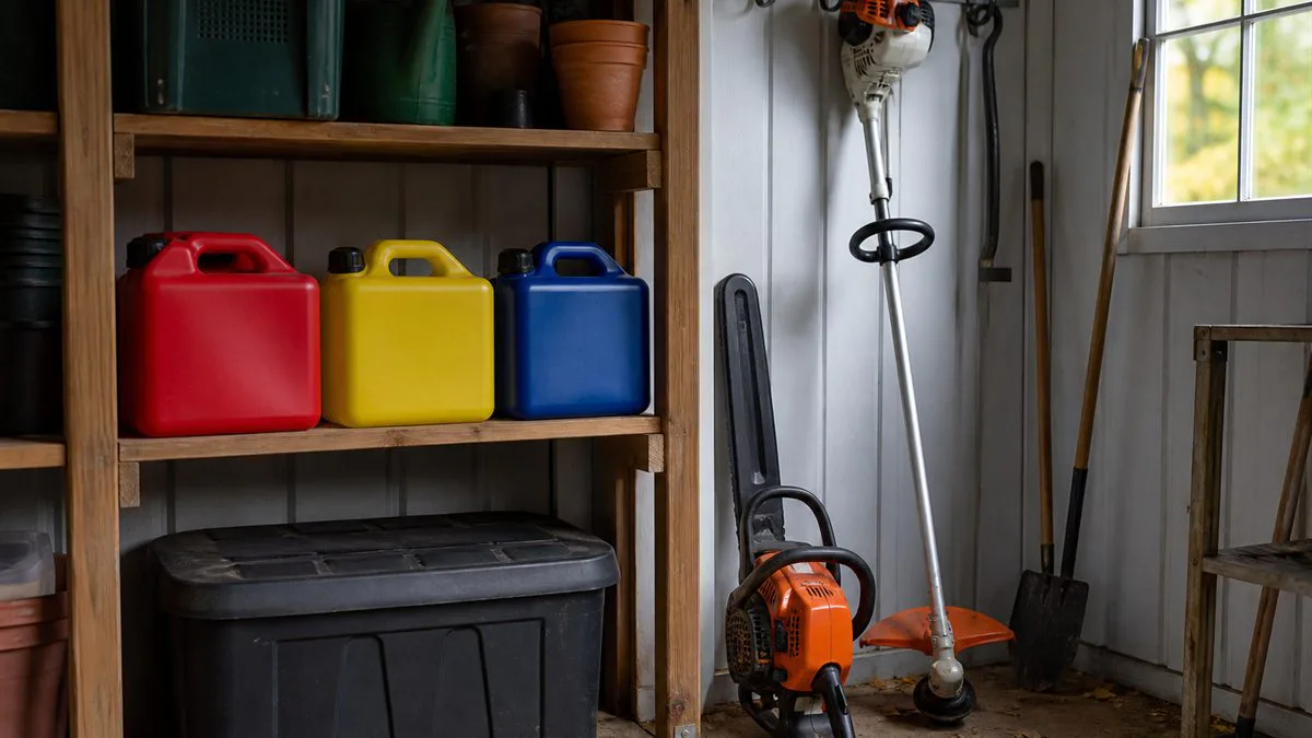 Chainsaw, string trimmer, and sealed fuel cans stored upright in an outdoor equipment shed