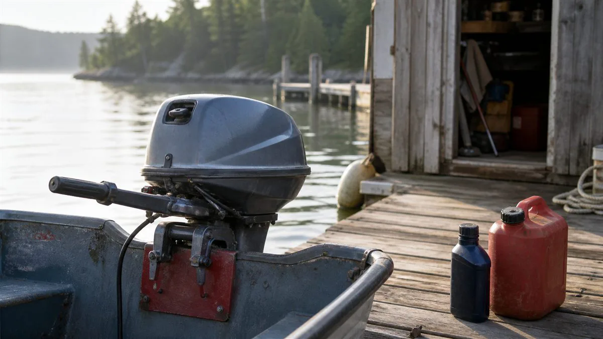 Classic outboard motor beside marine two-stroke oil and a fuel can at a dock