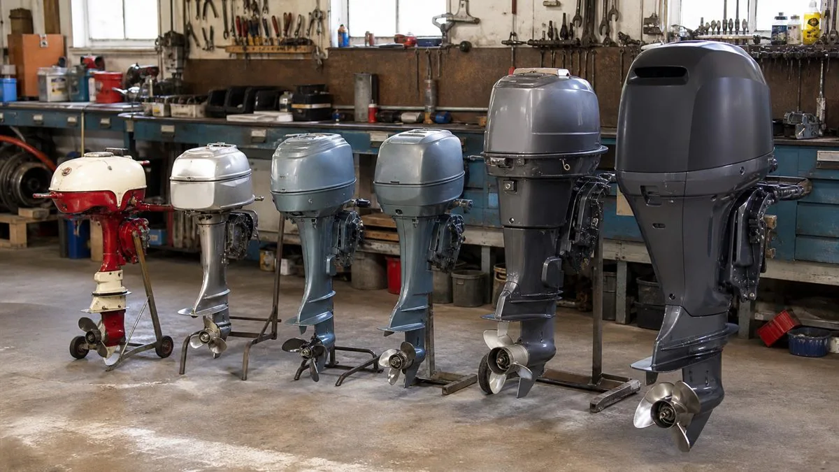 Several generations of small outboard motors arranged in a marine repair workshop