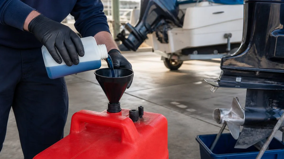 Gloved marine mechanic pouring blue two-stroke oil through a funnel into a portable fuel tank