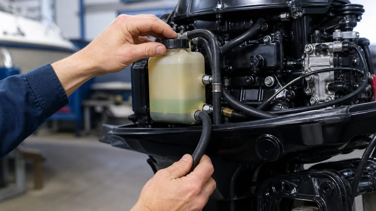 Mechanic inspecting an outboard motor oil reservoir and supply hose