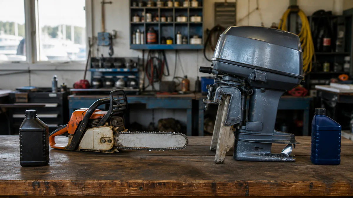 Air-cooled chainsaw and water-cooled outboard motor displayed with separate plain oil bottles