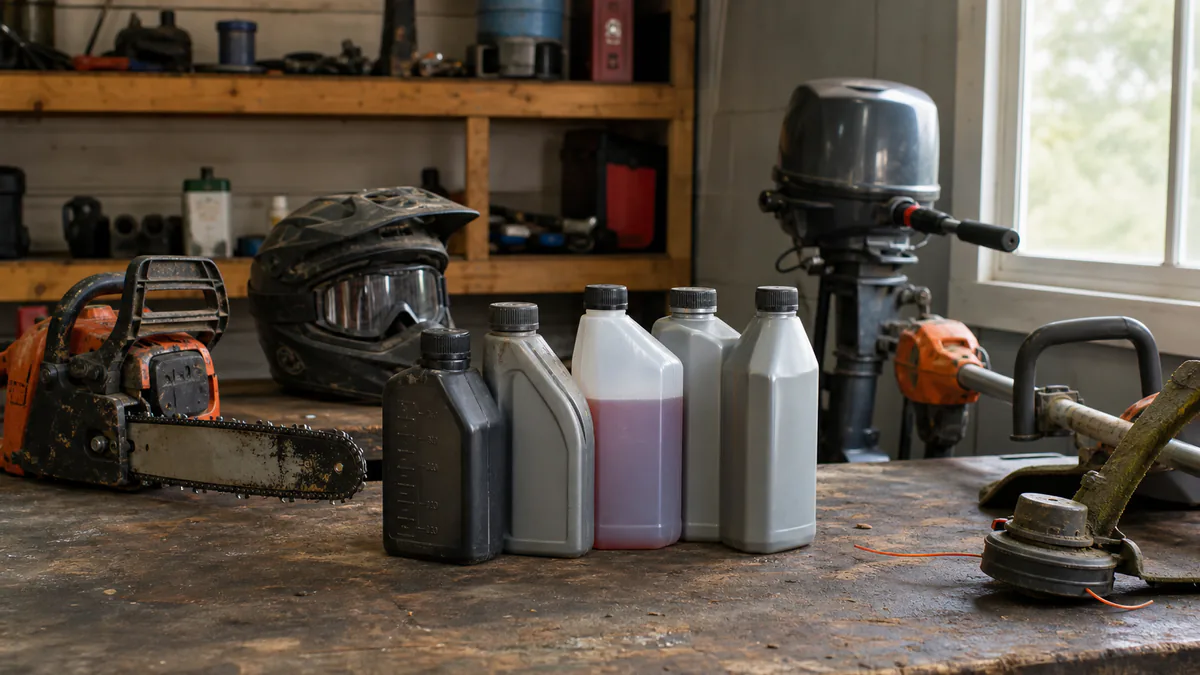 Plain two-stroke oil bottles with chainsaw, outboard, helmet, and trimmer in a workshop