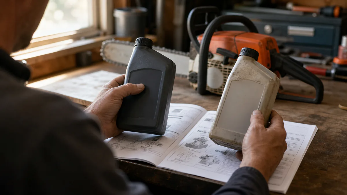 Equipment owner comparing two plain oil bottles against an open small-engine manual