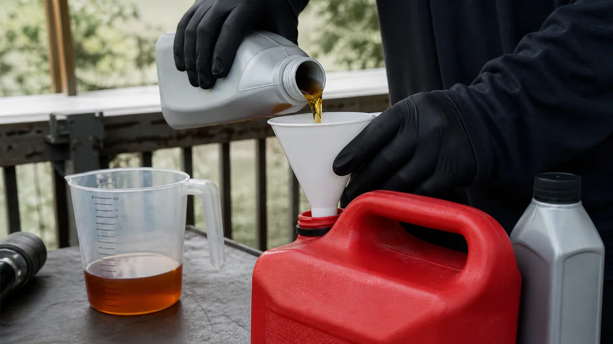 Gloved hands pouring measured amber two-stroke oil through a funnel into an approved fuel can