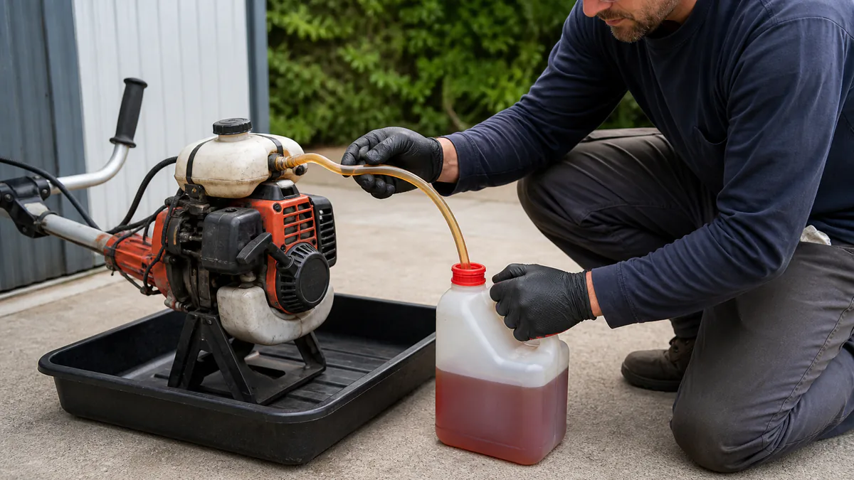 Technician safely draining questionable fuel from a switched-off two-stroke machine into a recovery container