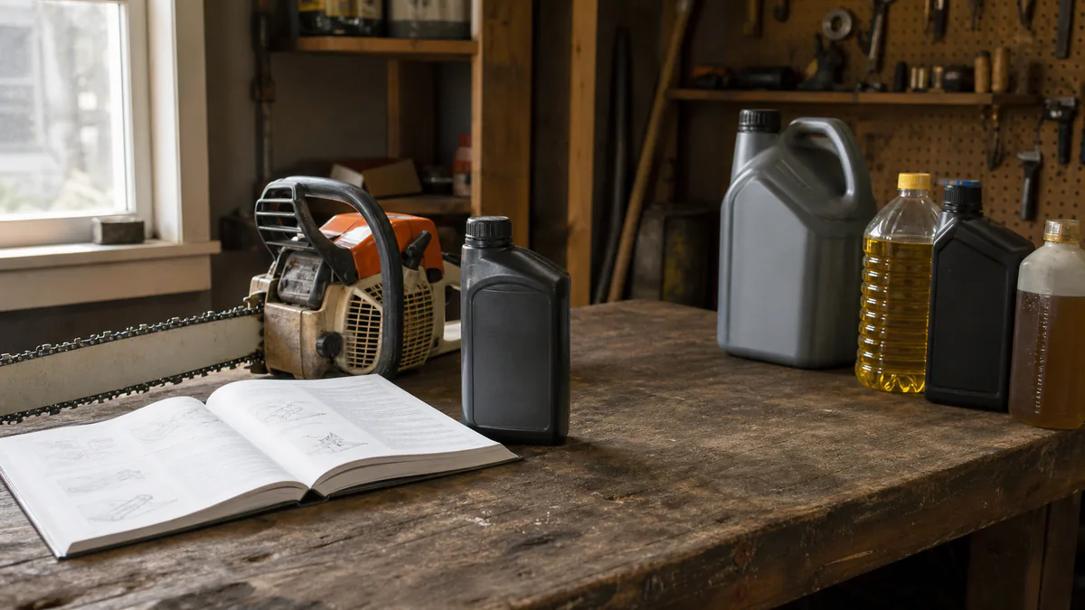 Two-stroke oil beside an equipment manual with unsuitable household and automotive fluids separated nearby