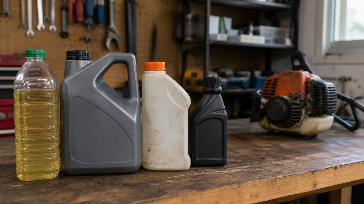 Cooking oil, automotive motor oil, bar oil, and transmission fluid separated from a small two-stroke engine