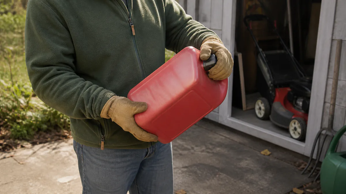 Gardener in work gloves gently agitating a securely capped approved fuel can outside a garden shed