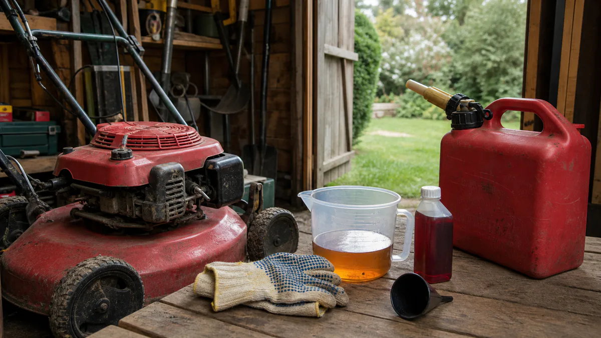 Two-stroke lawn mower with an approved fuel can, measuring cup, oil bottle, funnel, and gloves in a garden shed