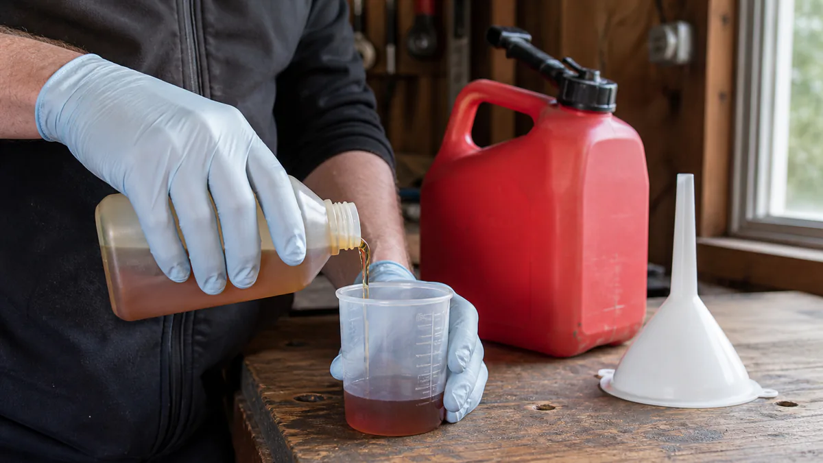 Gloved hands measuring amber two-stroke oil beside a clean funnel and approved fuel can