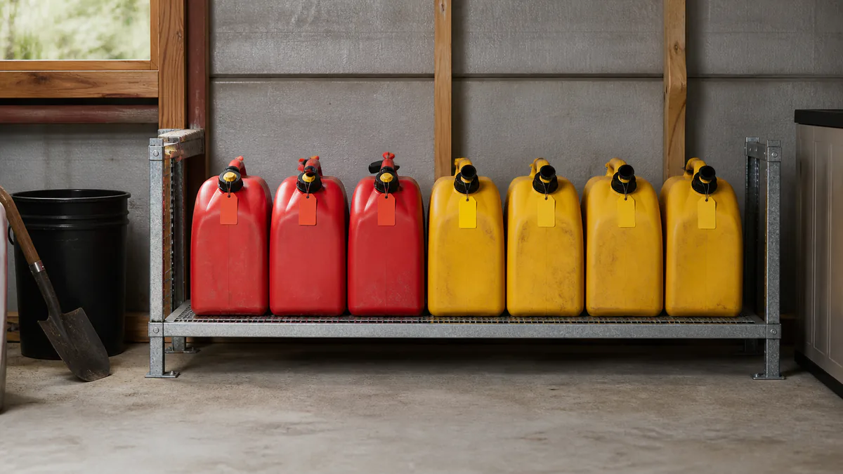 Sealed approved fuel cans stored upright on a low metal shelf in a cool garden shed